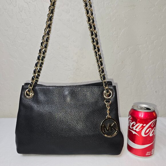 Michael Kors Jet Set Gold Chain Black Pebble Grain Leather Medium Shoulder Bag - Picture 2 of 13